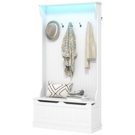 HOMCOM 3-In-1 Entryway Bench with LED Lights and Coat Rack, Hall Tree with Bench and Shoe Storage, 5 Hooks for Hallway White