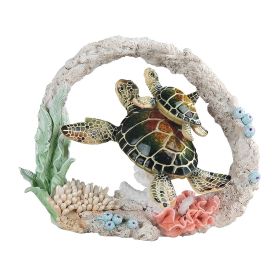 9.5"W Green Sea Turtle with Baby Swimming Around Coral Figurine Home Decor Gift
